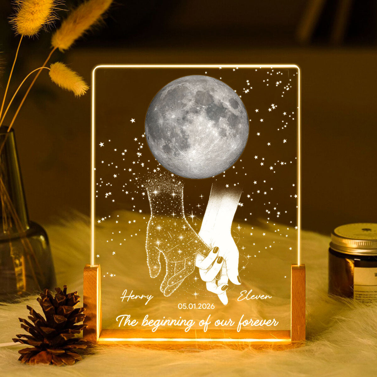 Couple Moon Phase The Beginning Of Our Forever - Personalized Acrylic LED Night Light - Wedding Anniversary Gift For Couple