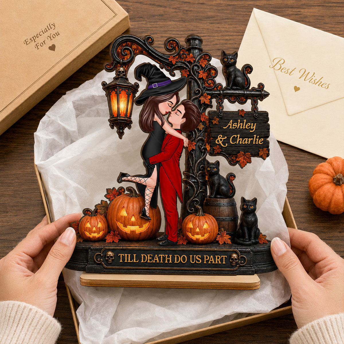 Till Death Do Us Part Couple - Personalized 2-Layered Wooden Plaque - Halloween Fall Decor for Her