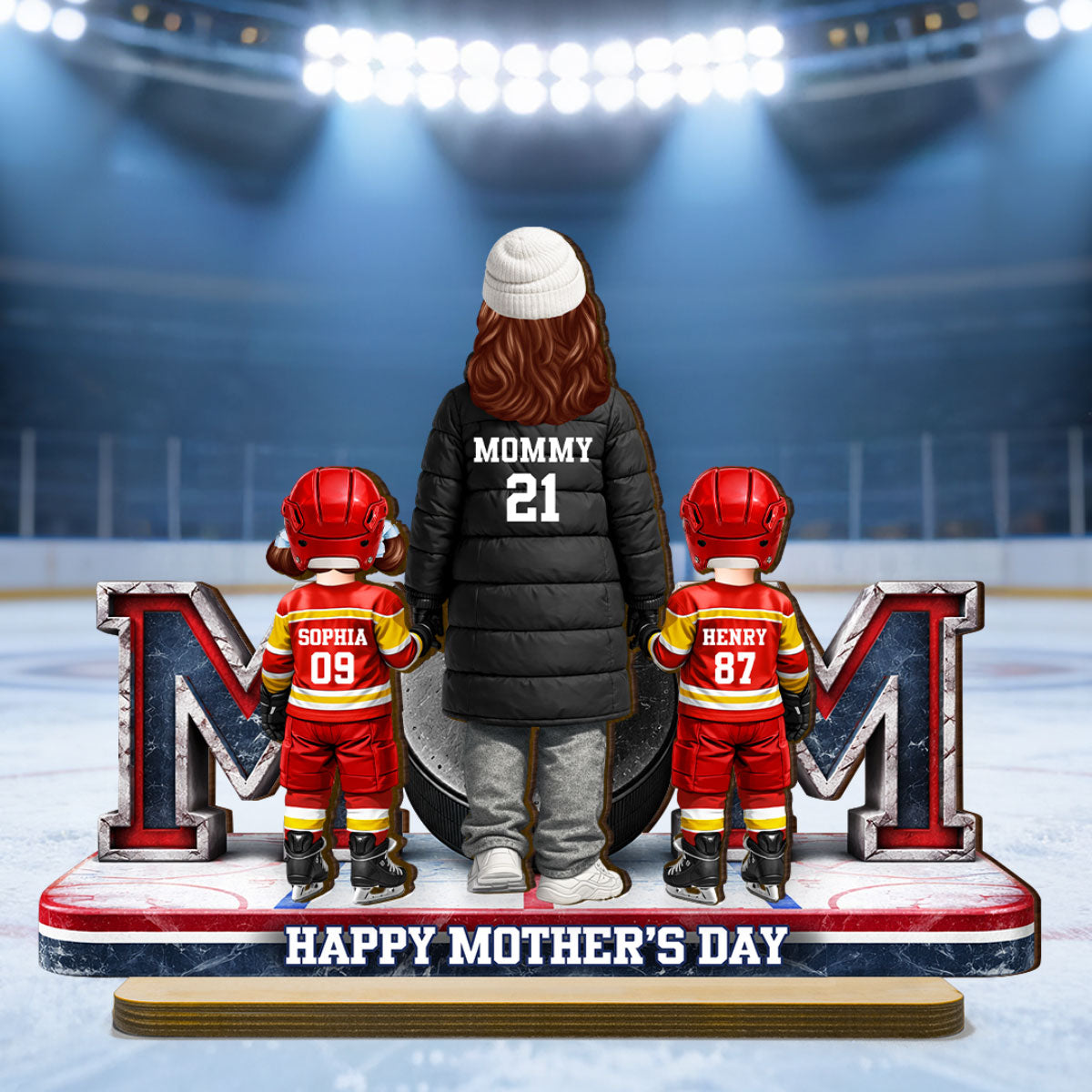 Hockey Mom And Kids Together - Personalized 2-Layered Wooden Plaque - Mother's Day Gift For Hockey Mom, Gift For Wife