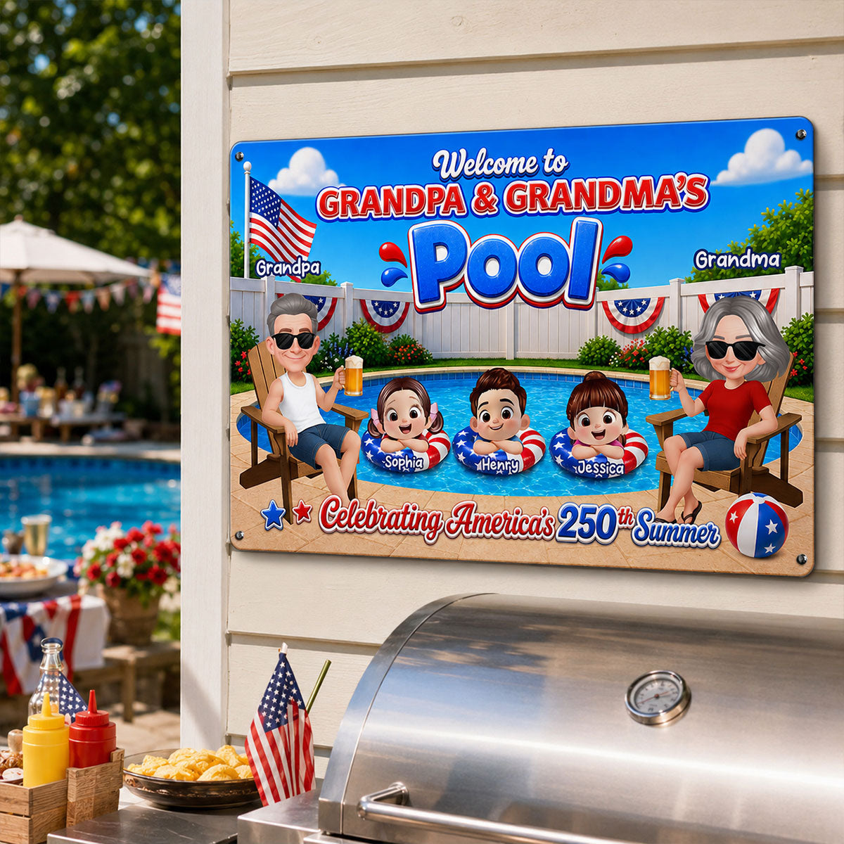 Welcome To Grandma Grandpa Pool America 250th Anniversary - Personalized Metal Sign - Gift For Grandparents, Summer Decoration
