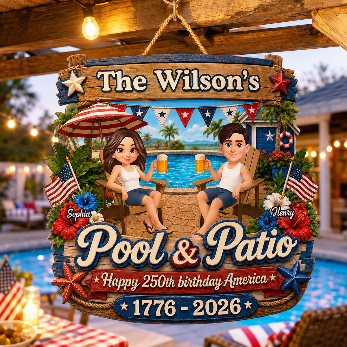 America 250th Anniversary Couple Pool & Patio - Personalized Wood Sign - Summer Pool Patio Decoration
