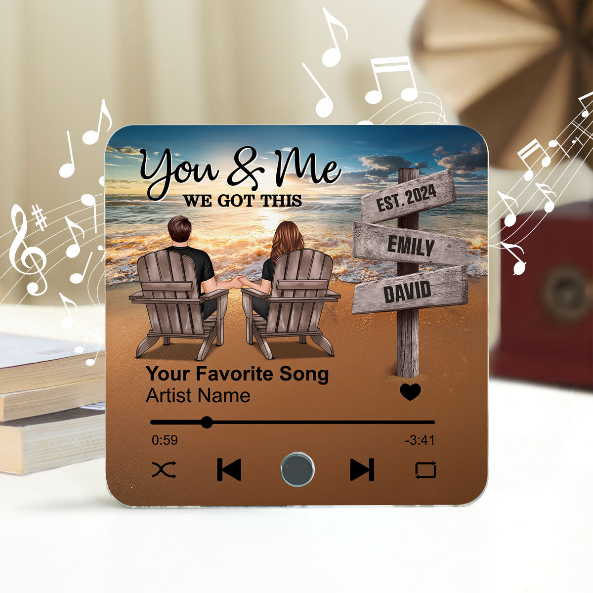 Romantic Beach Landscape Couple Sitting Holding Hands Sign Posts - Personalized Music Fridge Magnet - Heartfelt Gift For Couple, For Him, For Her, Husband, Wife