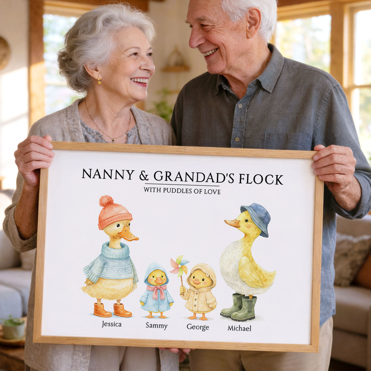 Nanny & Granddad's Flock with Puddles of Love - Personalised Poster - Gift for Grandparents