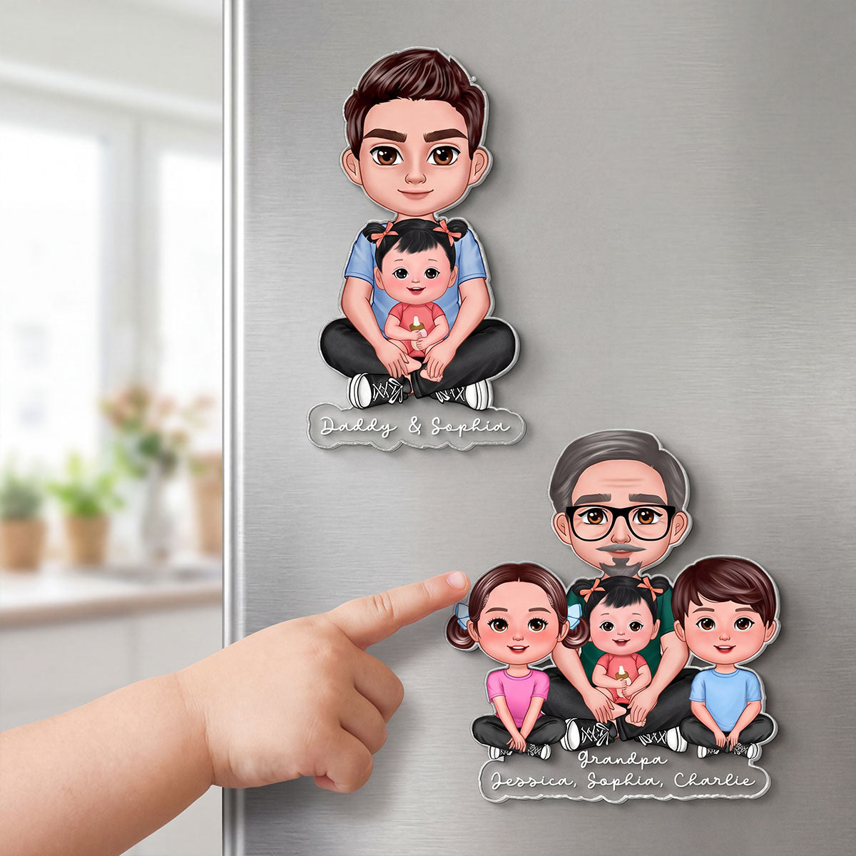 Forever Love Dad Grandpa Sitting With Kids - Personalized Acrylic Fridge Magnet - Father's Day Gift For Dad, Husband, Grandpa