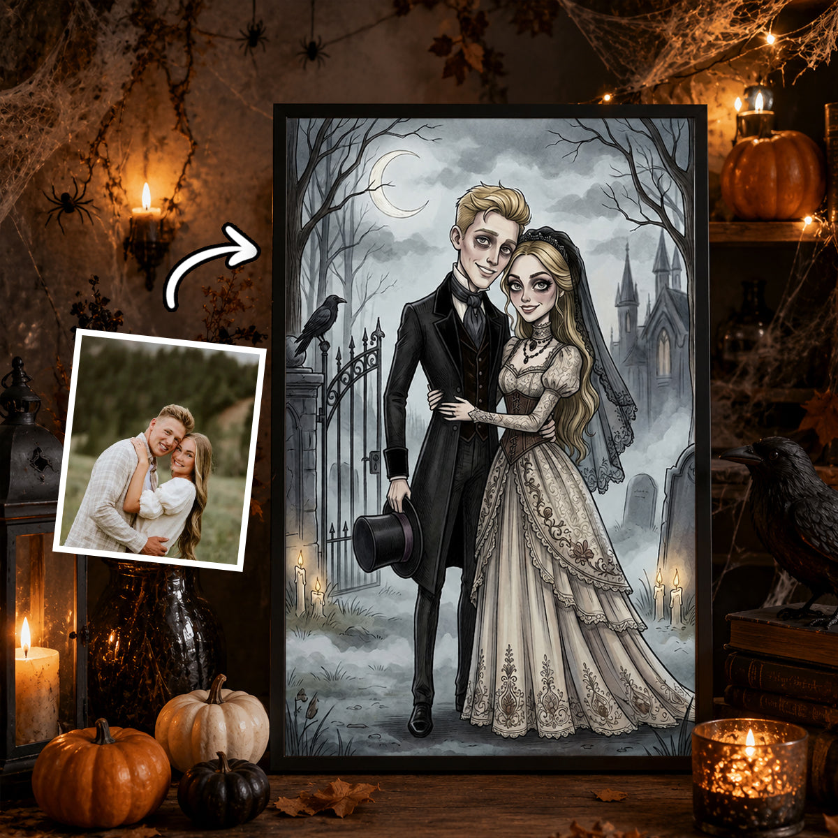 Custom Gothic Couple Portrait from Photo - Personalized Poster - Halloween Decor, Anniversary Gift for Her, for Him