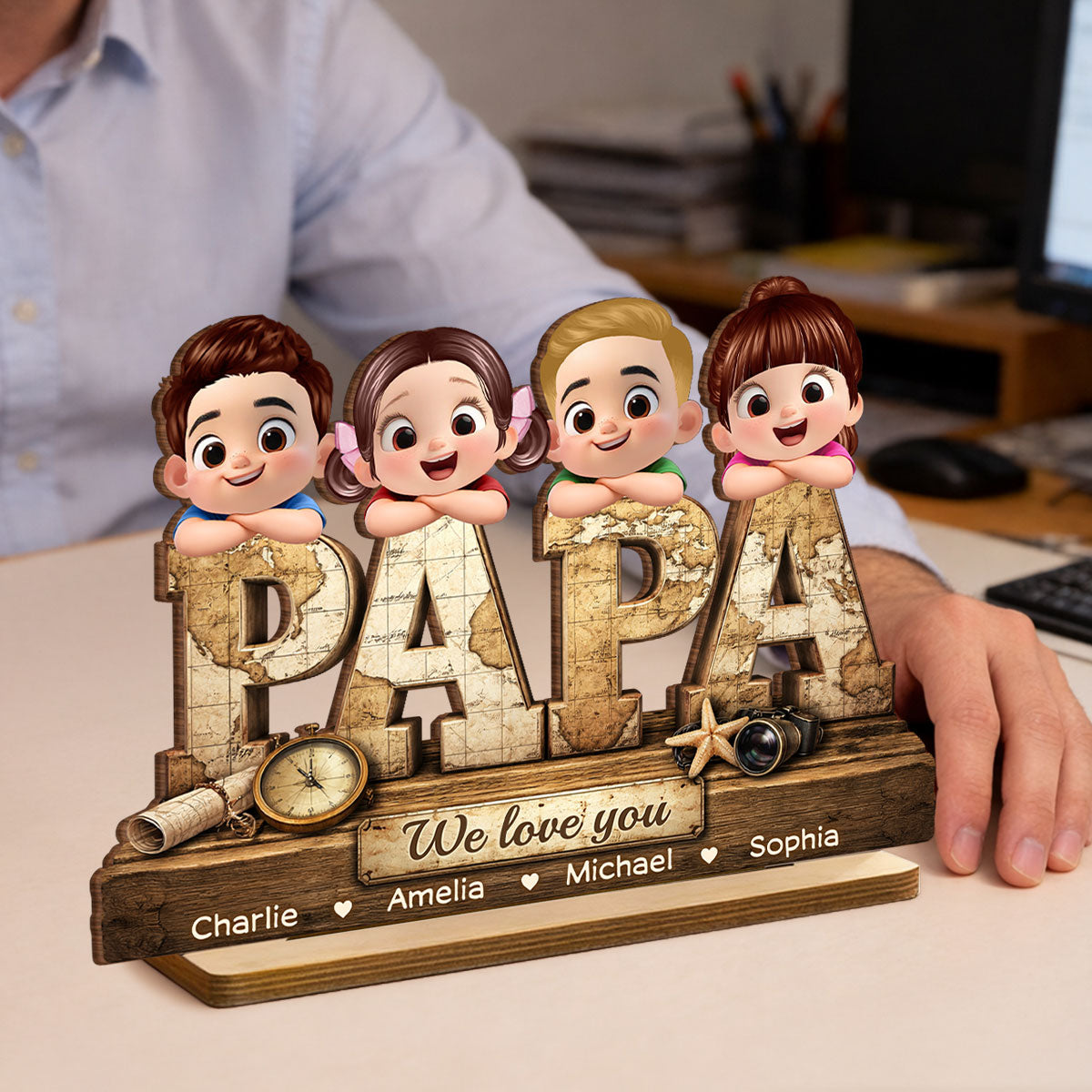 Papa We Love You - Personalized 2-Layered Wooden Plaque - Sentimental Gift for Grandpa, Dad, Husband