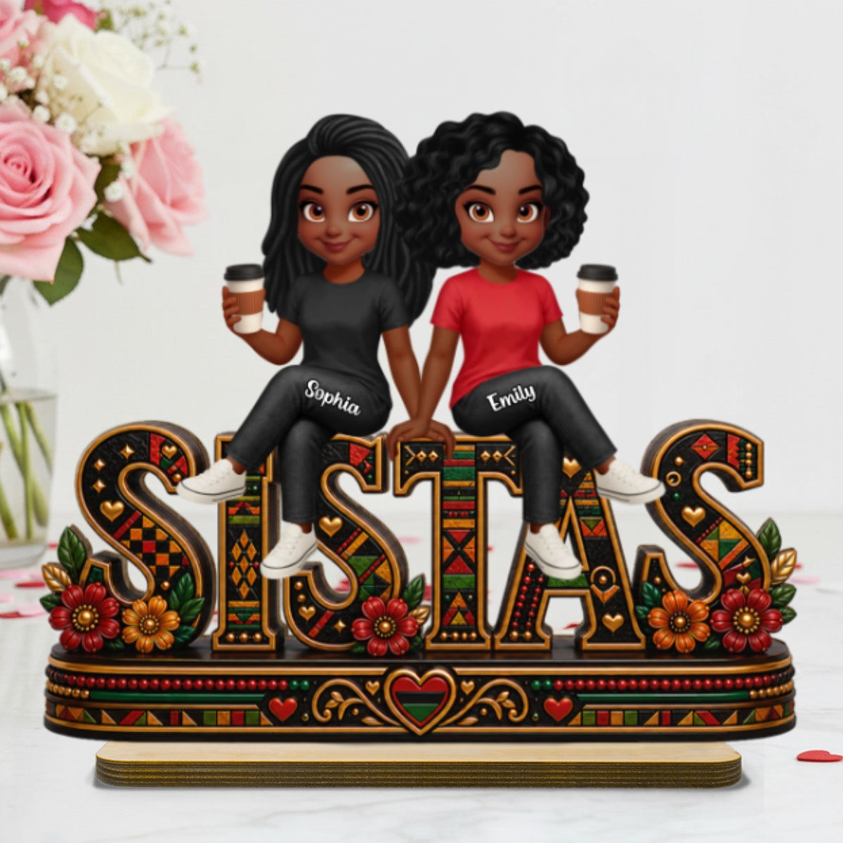 Tribal Patterned Besties Sisters Sistas Forever - Personalized 2-Layered Wooden Plaque - Birthday Gift, International Day of Friendship Gift For Best Friends
