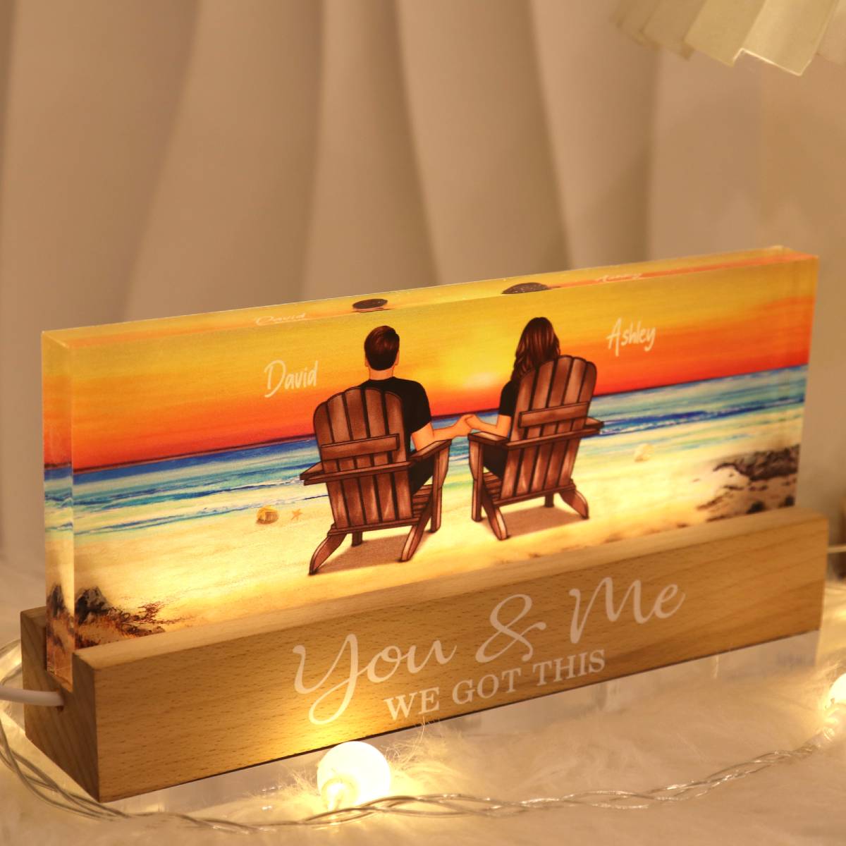 Couple Sitting At Beach Retro - Personalized Acrylic Block Plaque LED Night Light - Anniversary Gift For Couple, For Dad Mom
