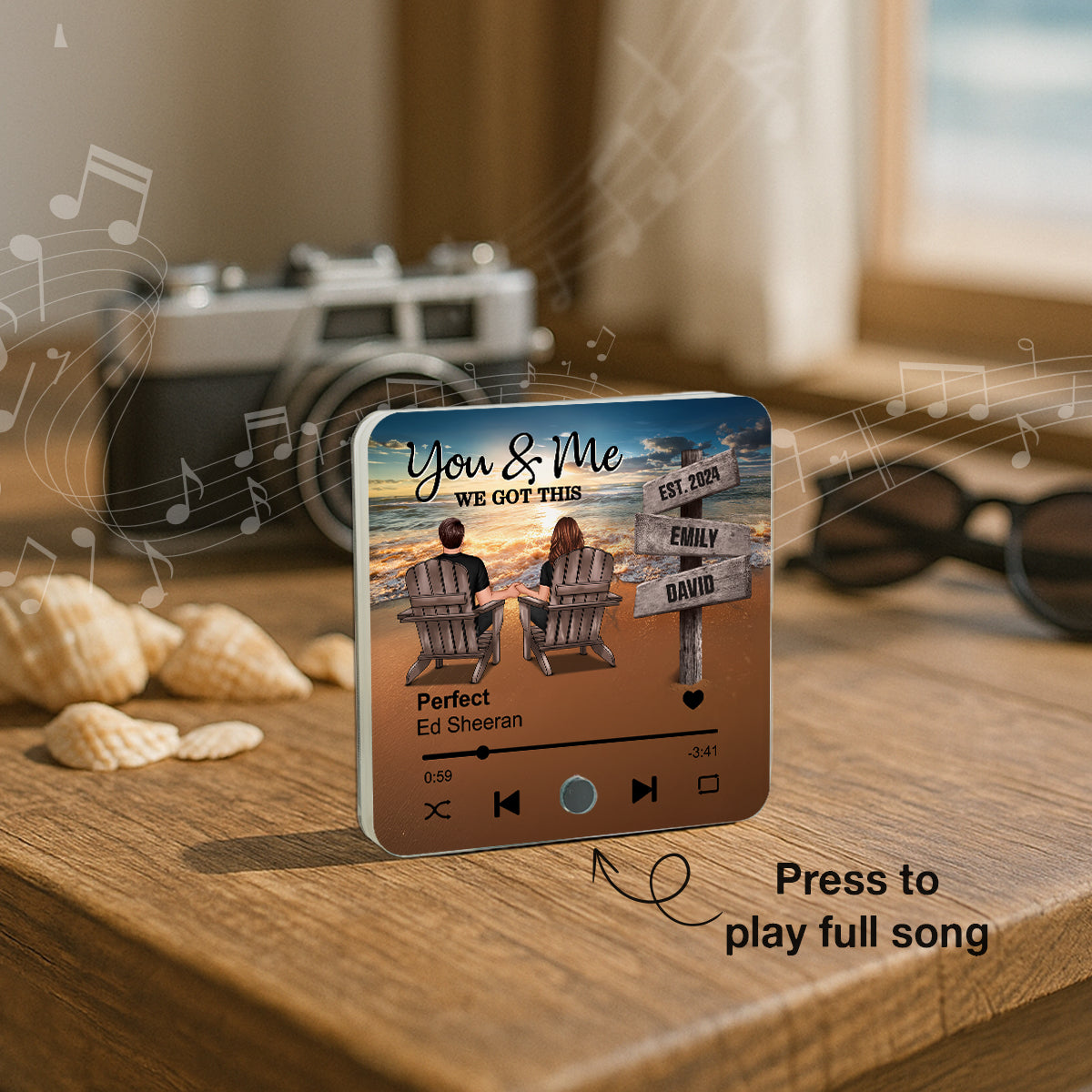 Romantic Beach Landscape Couple Sitting Holding Hands Sign Posts - Personalized Music Fridge Magnet - Heartfelt Gift For Couple, For Him, For Her, Husband, Wife