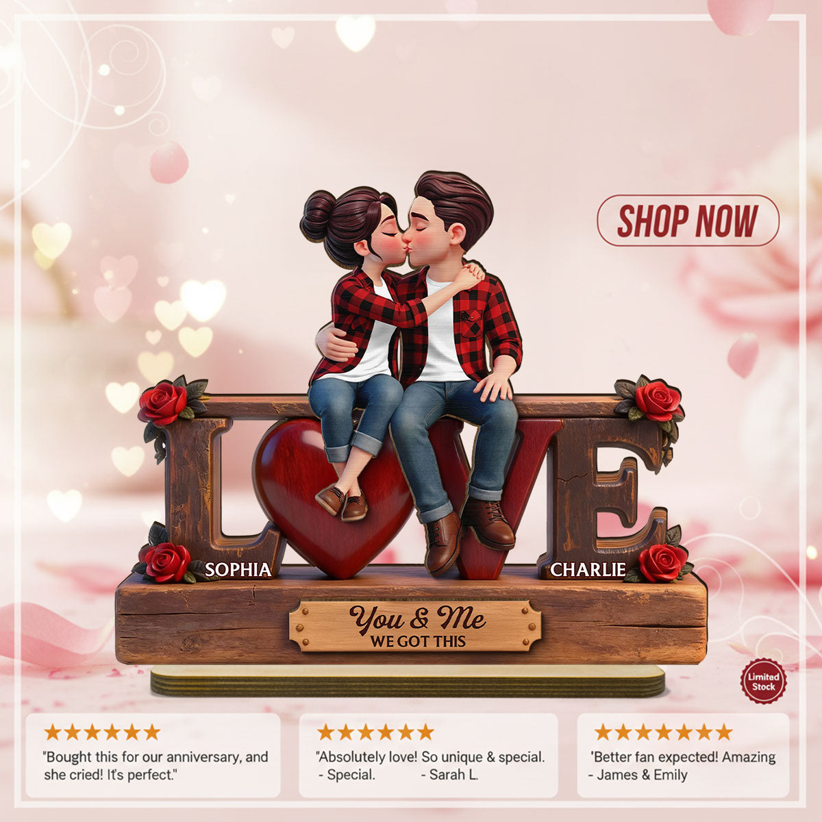 Eternal Rose LOVE Couple Forever Together - Personalized 2-Layered Wooden Plaque - Heartfelt Gift For Couple, For Him, For Her