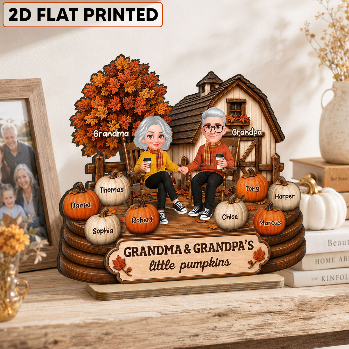 Fall Season Cozy Warm Farmhouse Style Grandma Grandpa Little Pumpkins - Personalized 2-Layered Wooden Plaque - Fall Decor For Grandparents