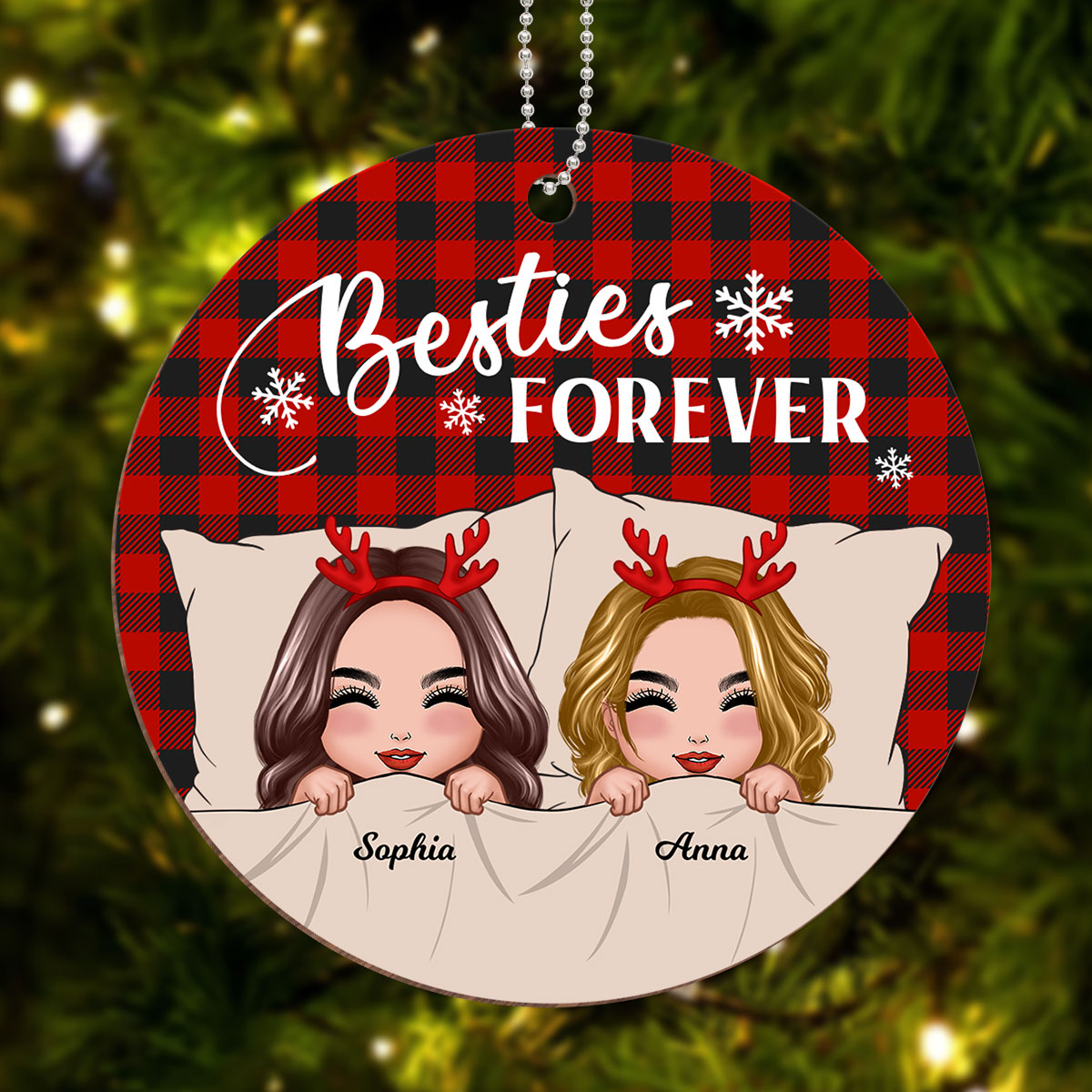 Checkered Pattern Doll Besties Snuggle In Blanket Christmas Personalized Wooden Ornament