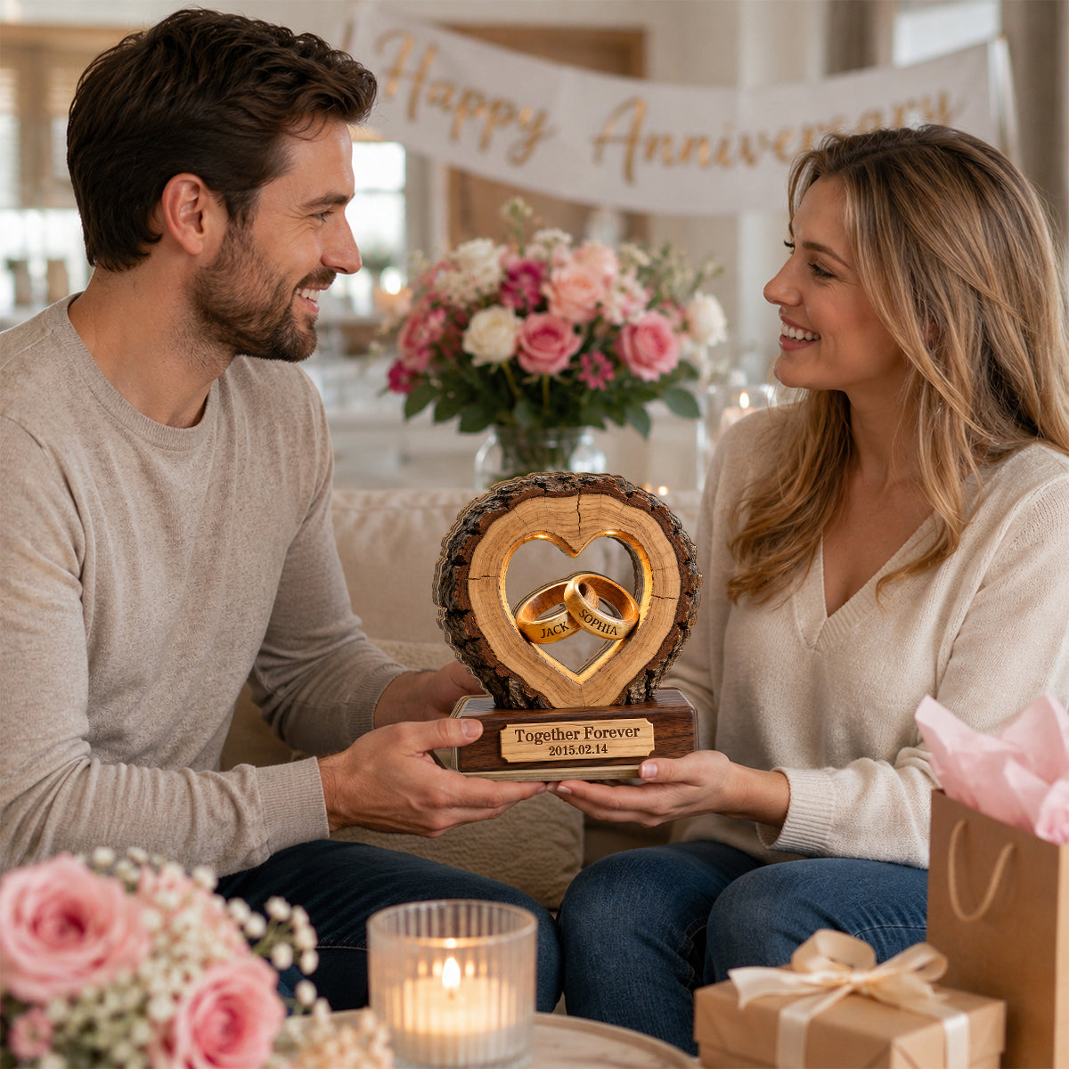 Together Forever Couple Anniversary 2D Flat Plaque - Personalized 2-Layered Wooden Plaque - Heartfelt Gift for Her, for Him