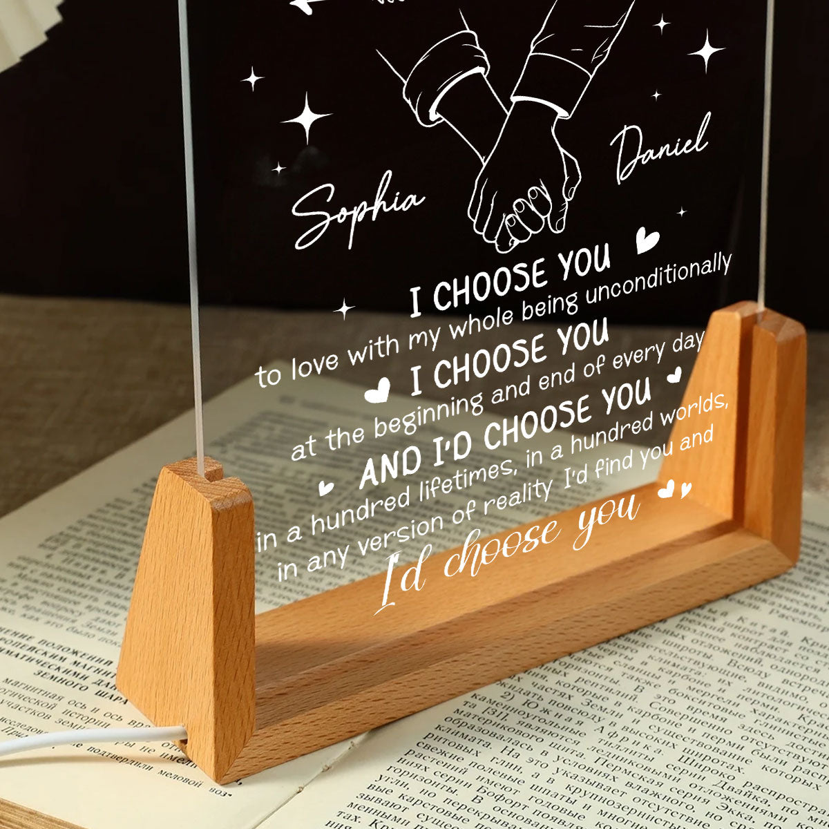 Romantic I Choose You Hand In Hand - Personalized Acrylic LED Night Light - Wedding Anniversary Gift For Couple