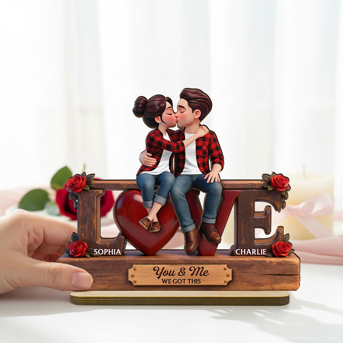 Eternal Rose LOVE Couple Forever Together - Personalized 2-Layered Wooden Plaque - Heartfelt Gift For Couple, For Him, For Her