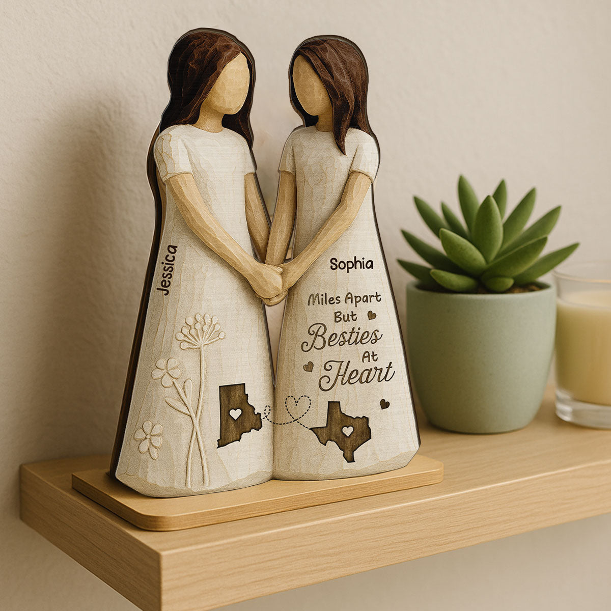 Miles Apart Besties At Heart 3D Effect Personalized Standing Wooden Plaque, Birthday Gift, Long Distance Friendship Gift for Best Friends