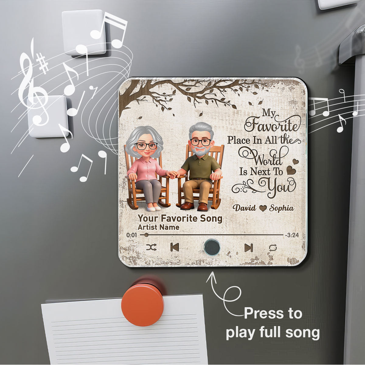 Old Couple On Rocking Chair Under Tree - Personalized Music Fridge Magnet - Anniversary Gift For Him, For Her