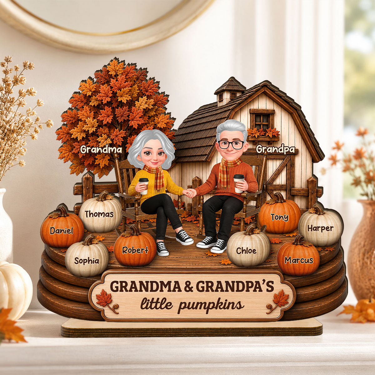 Fall Season Cozy Warm Farmhouse Style Grandma Grandpa Little Pumpkins - Personalized 2-Layered Wooden Plaque - Fall Decor For Grandparents