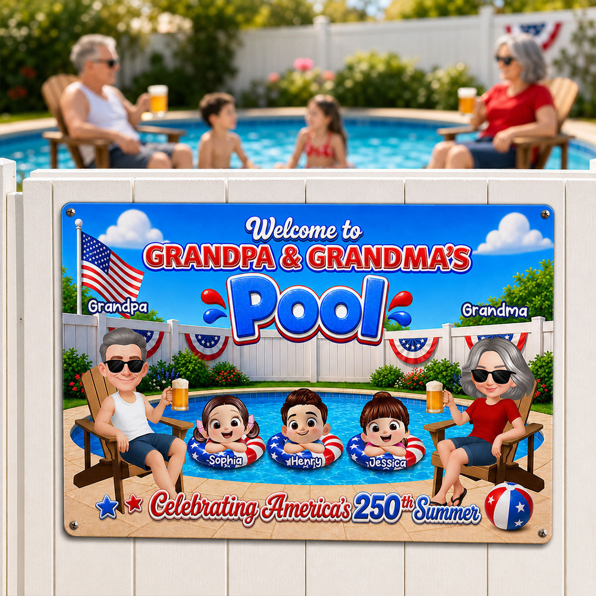 Welcome To Grandma Grandpa Pool America 250th Anniversary - Personalized Metal Sign - Gift For Grandparents, Summer Decoration