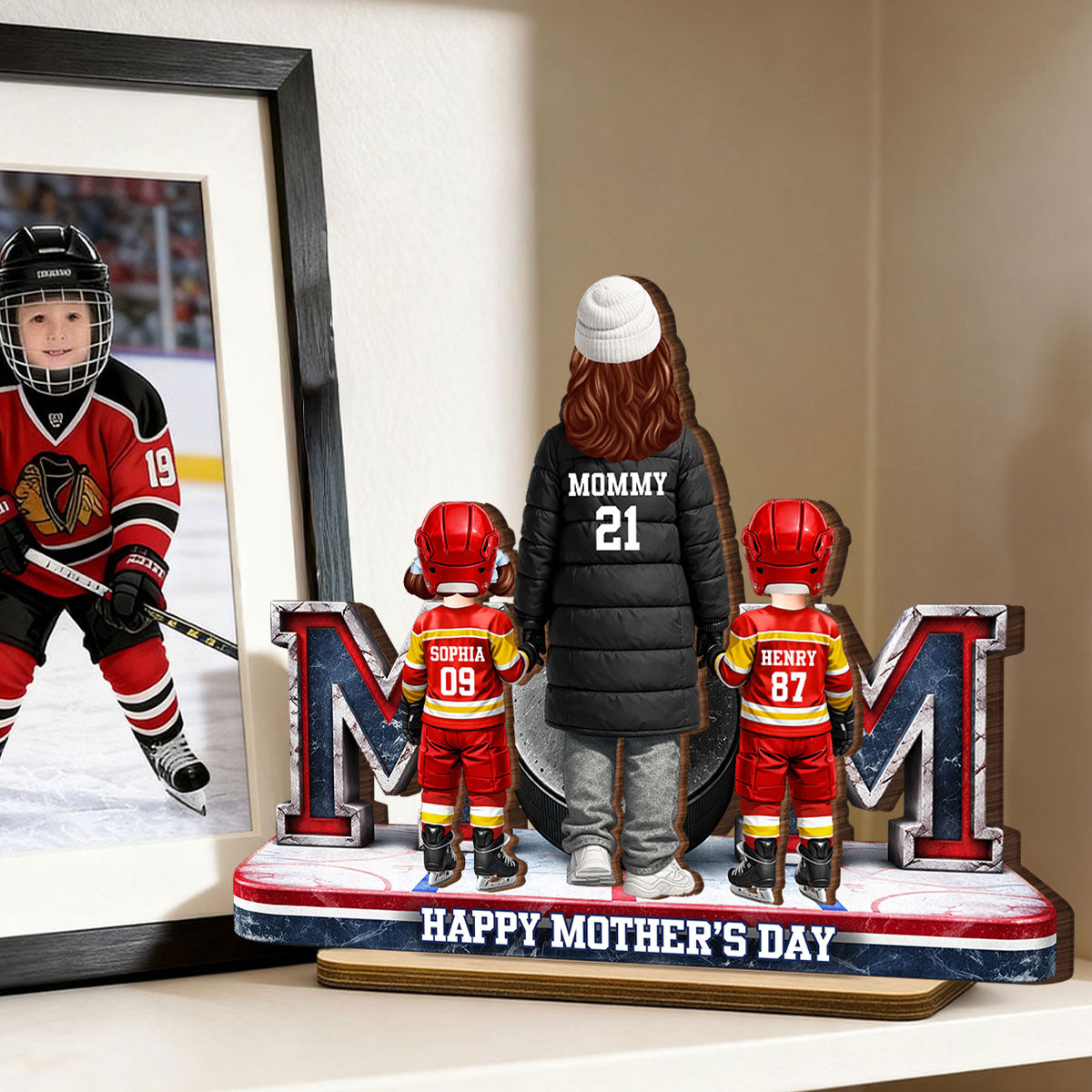 Hockey Mom And Kids Together - Personalized 2-Layered Wooden Plaque - Mother's Day Gift For Hockey Mom, Gift For Wife
