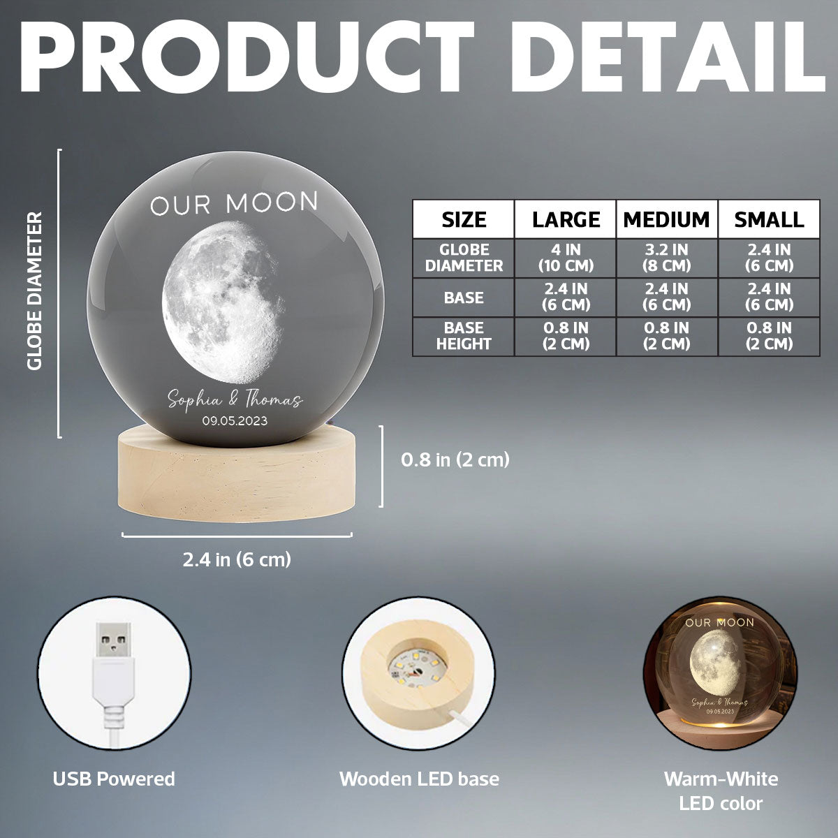 Our Moon Special Day Custom Moon Phase - Personalized Crystal Ball LED Night Light - Heartfelt Gift For Couple