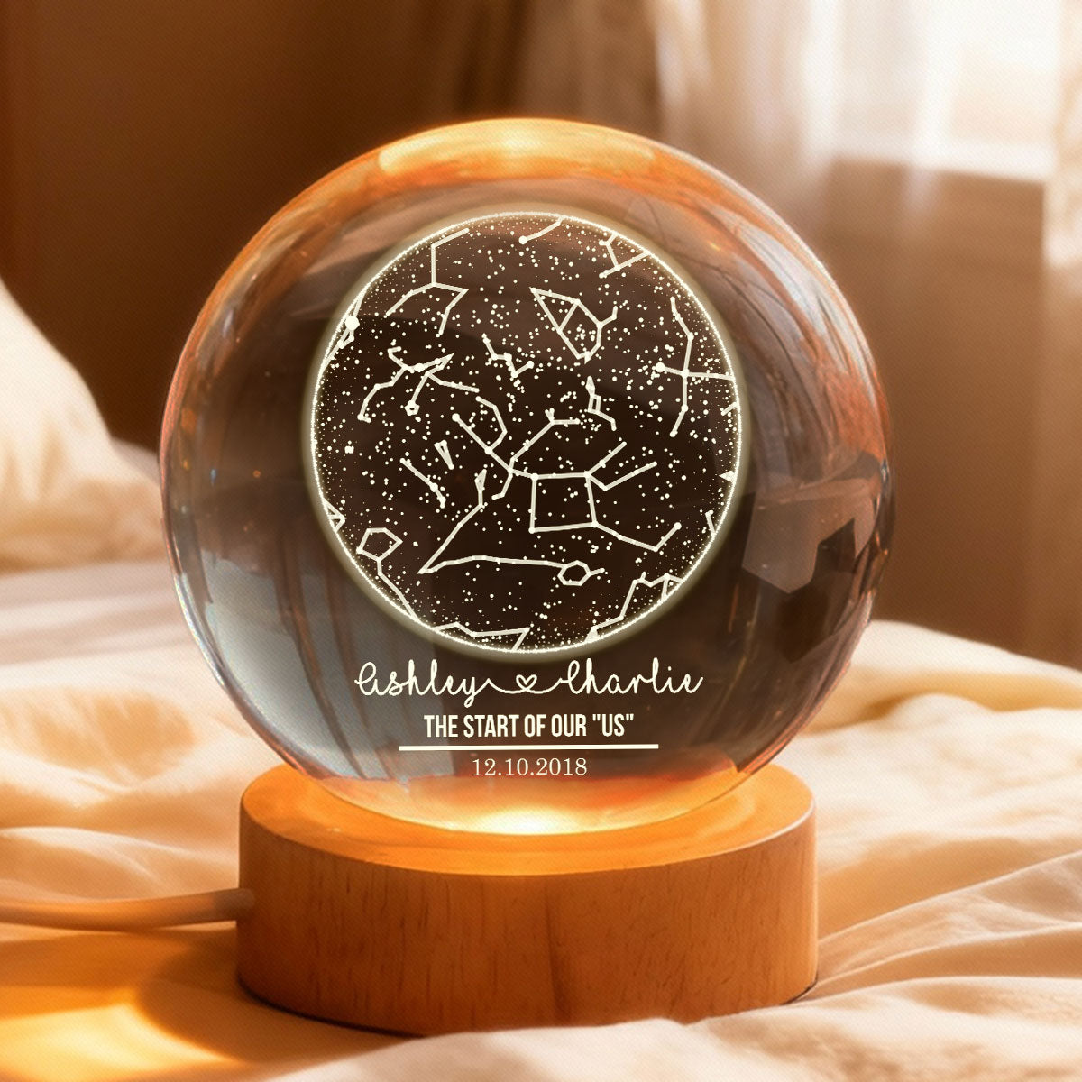 Custom Constellation Couple Star Map by Date - Personalized Crystal Ball Night Light - Heartfelt Anniversary Gift, Valentine's Day Gift for Her, for Him