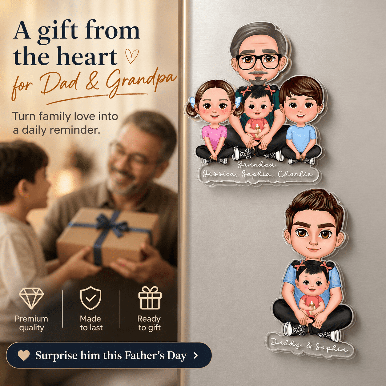 Forever Love Dad Grandpa Sitting With Kids - Personalized Acrylic Fridge Magnet - Father's Day Gift For Dad, Husband, Grandpa