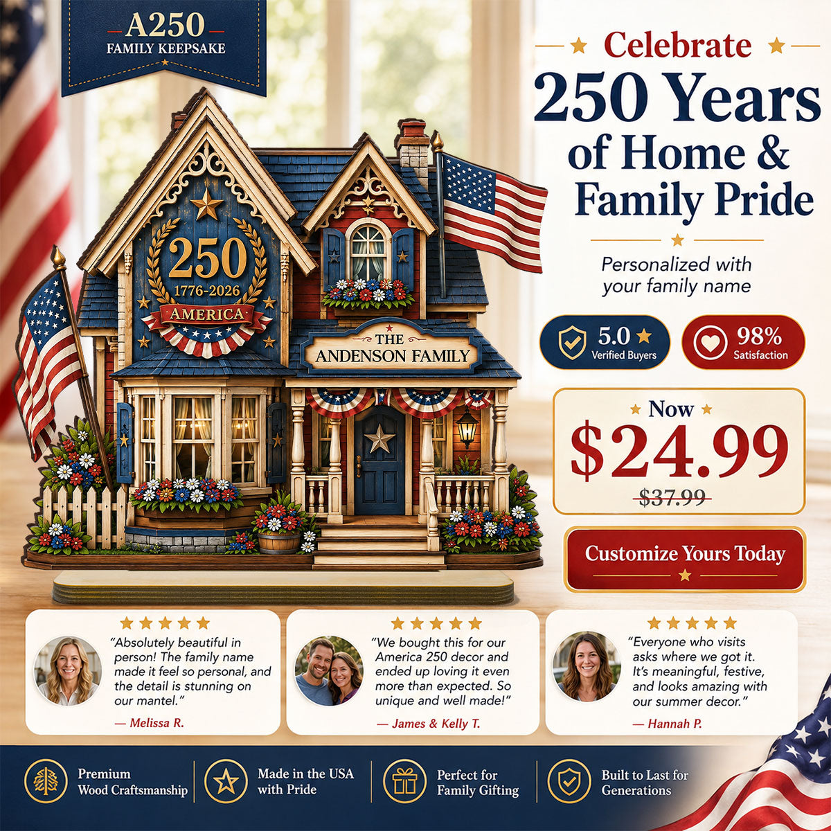 Custom House USA 250th Anniversary - Personalized 2-Layered Wooden Plaque - Patriotic Shelf Decor for Independence Day