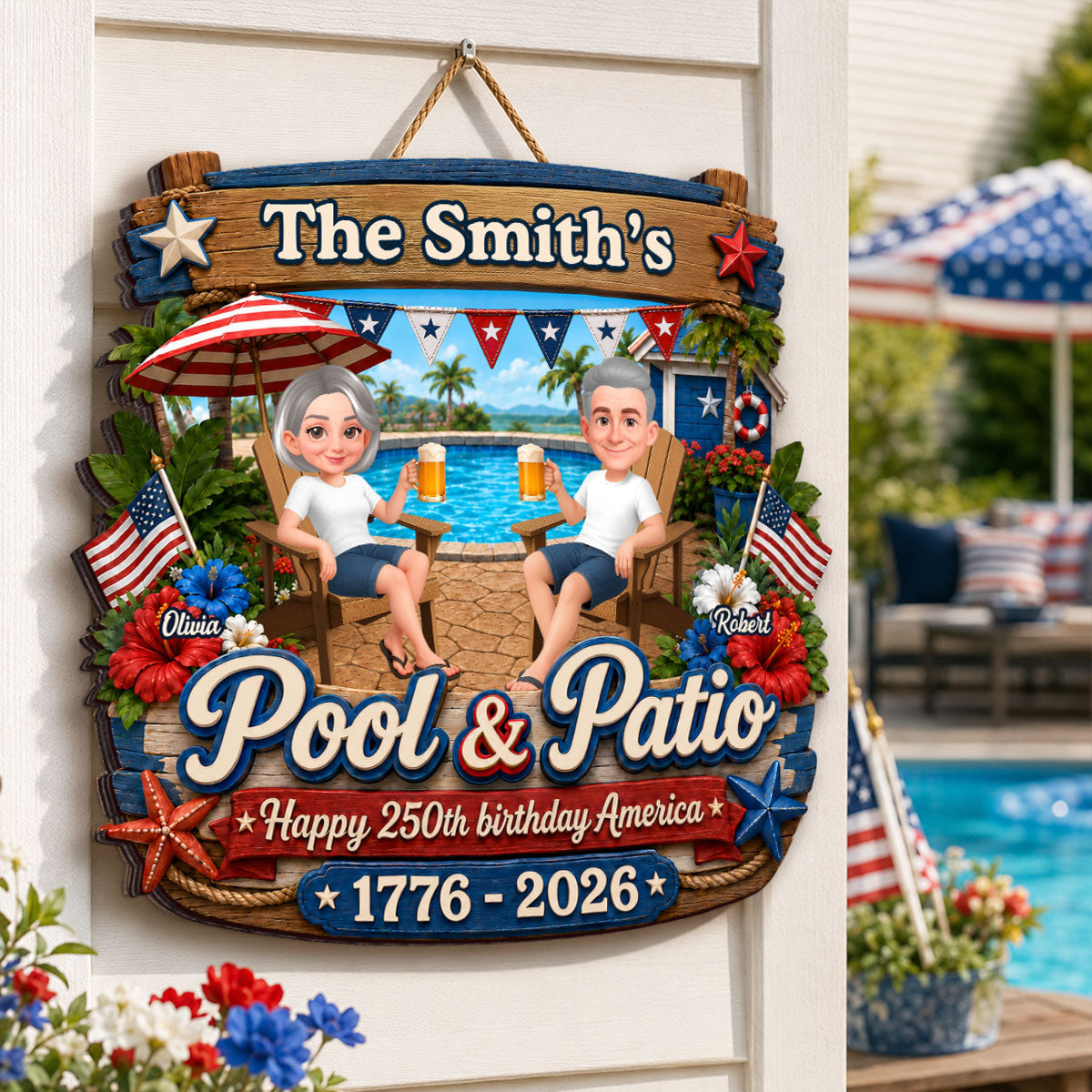 America 250th Anniversary Couple Pool & Patio - Personalized Wood Sign - Summer Pool Patio Decoration