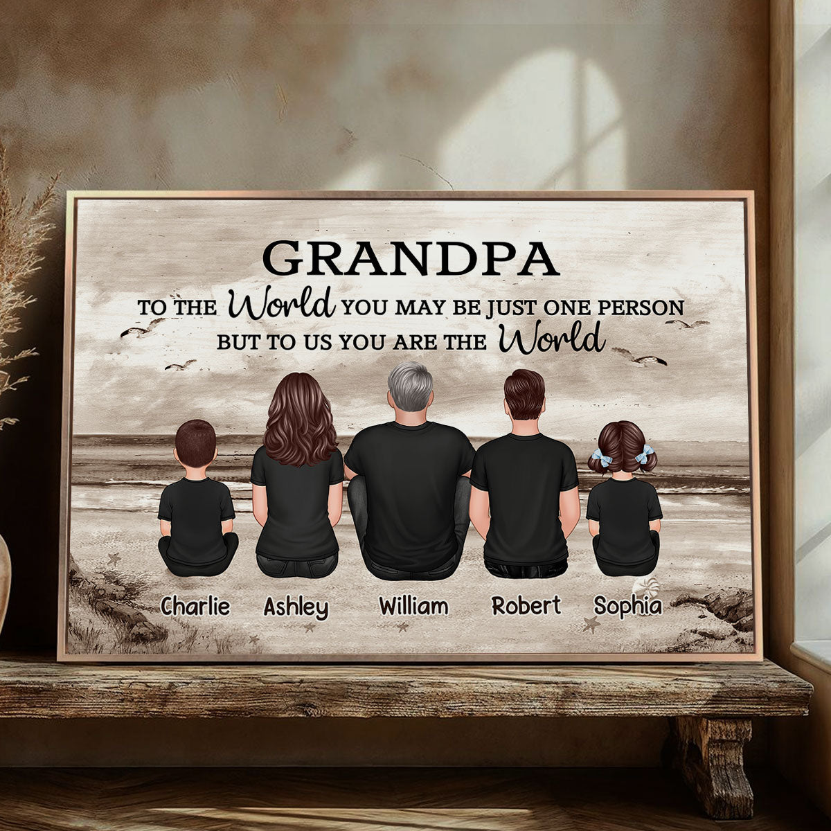Grandpa And Grandsons Granddaughters Retro Vintage Beach Landscape Personalized Poster| Heartfelt Father's Day Gift For Grandpa From Grandkids