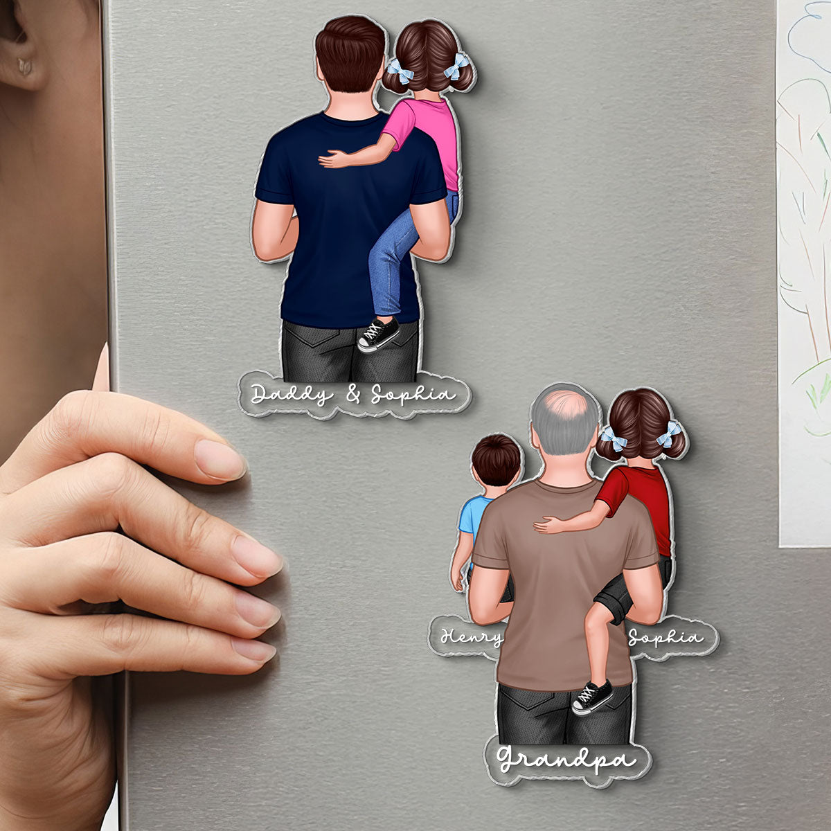 Dad Grandpa Papa Holding Kids - Personalized Acrylic Fridge Magnet - Father's Day Gift For Dad, Grandpa, Papa