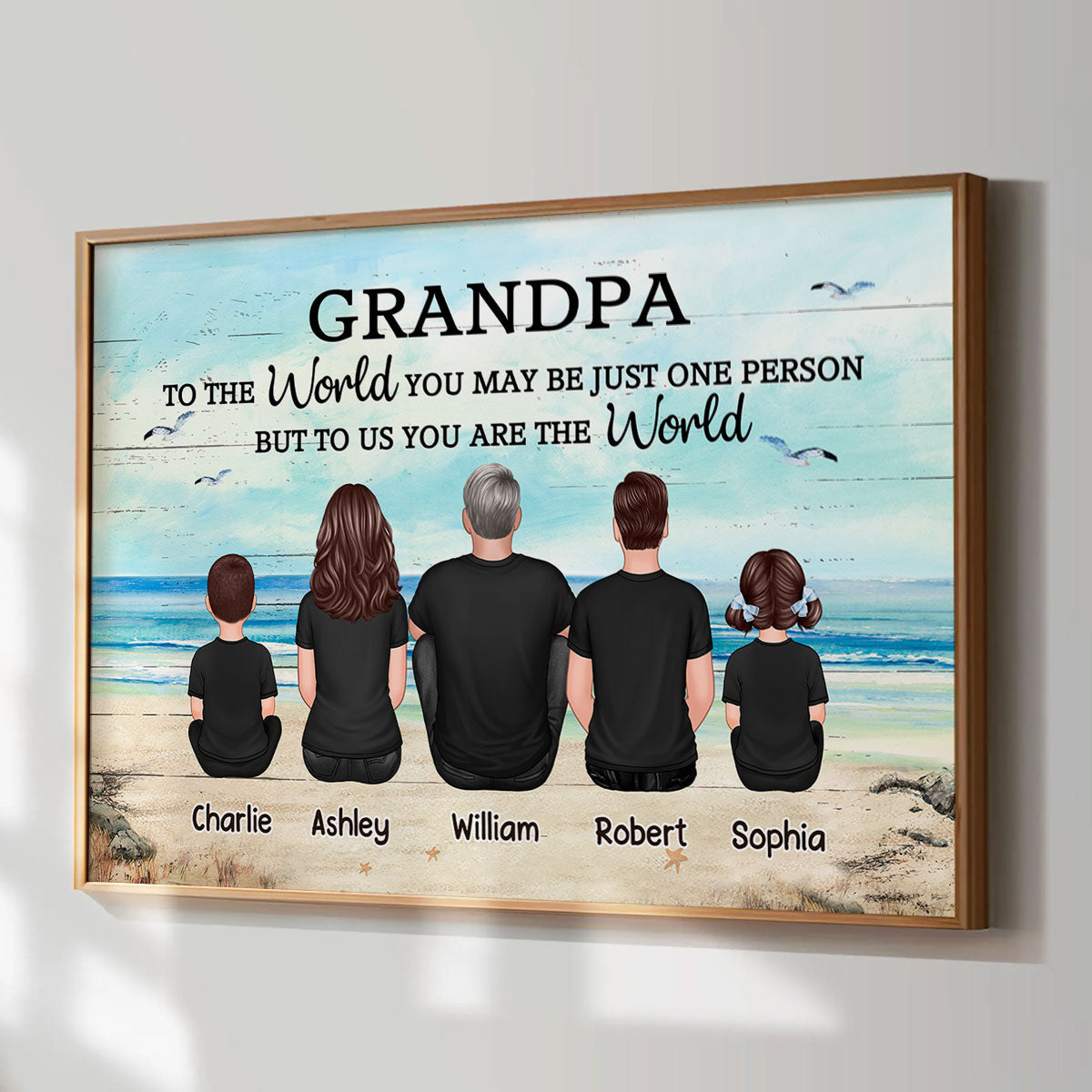 Grandpa And Grandsons Granddaughters Retro Vintage Beach Landscape Personalized Poster| Heartfelt Father's Day Gift For Grandpa From Grandkids