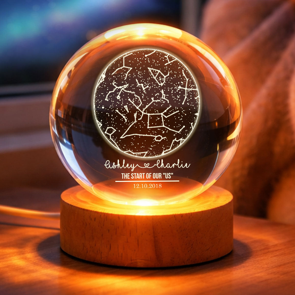 Custom Constellation Couple Star Map by Date - Personalized Crystal Ball Night Light - Heartfelt Anniversary Gift, Valentine's Day Gift for Her, for Him