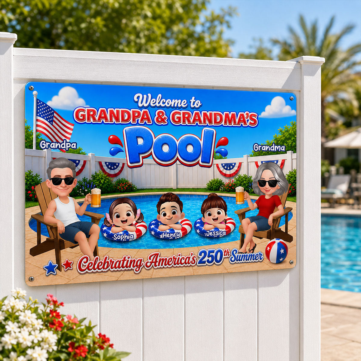 Welcome To Grandma Grandpa Pool America 250th Anniversary - Personalized Metal Sign - Gift For Grandparents, Summer Decoration