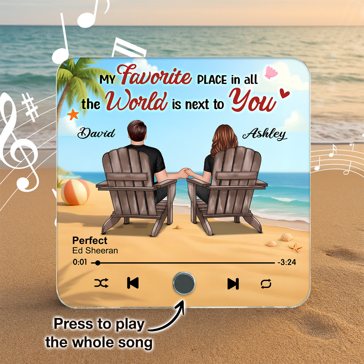 My Favorite Place in All the World is Next to You, Summer Couple Sitting Back View Personalized Music Fridge Magnet