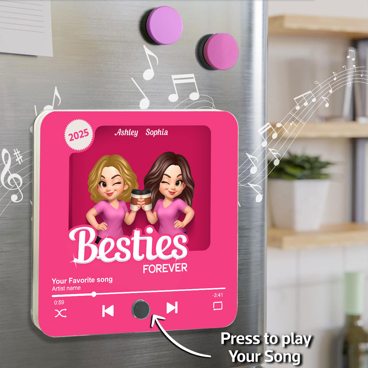Besties Partner In Crime Pink 3D Effect Action Figure - Personalized Music Fridge Magnet