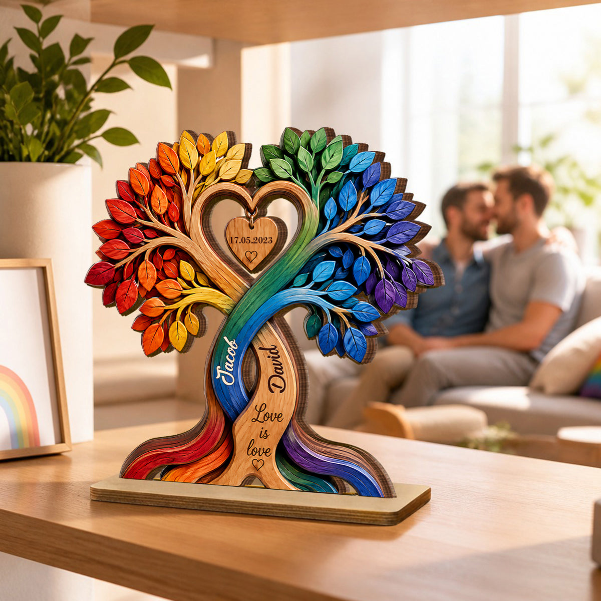 LGBT Couple Heart Tree - Personalized 2-Layered Wooden Plaque - Anniversary Gift for Him, Gift for Her