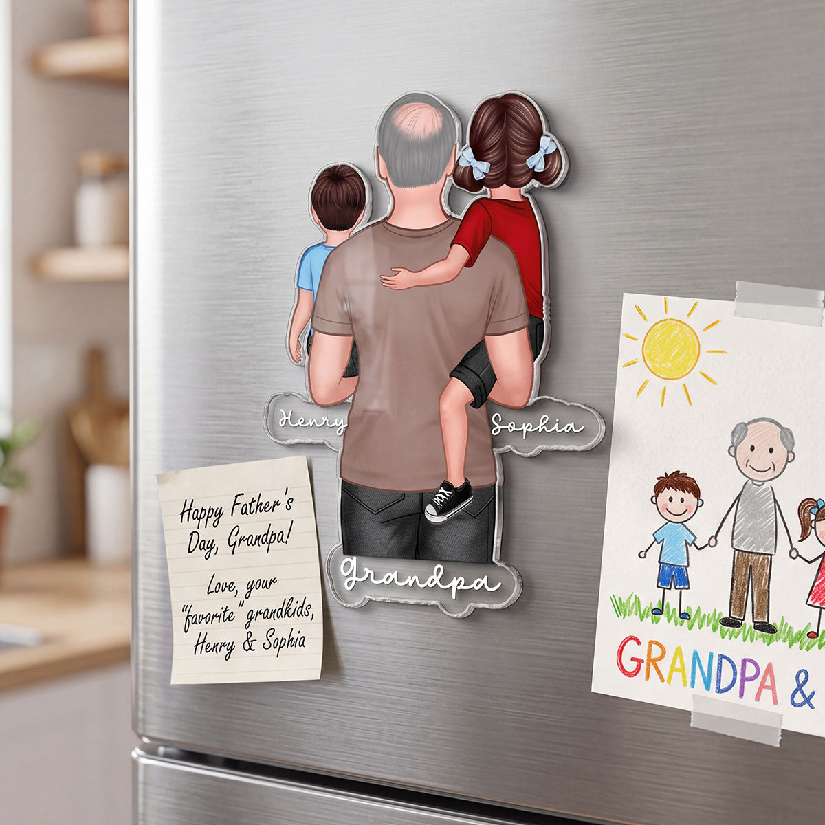 Dad Grandpa Papa Holding Kids - Personalized Acrylic Fridge Magnet - Father's Day Gift For Dad, Grandpa, Papa