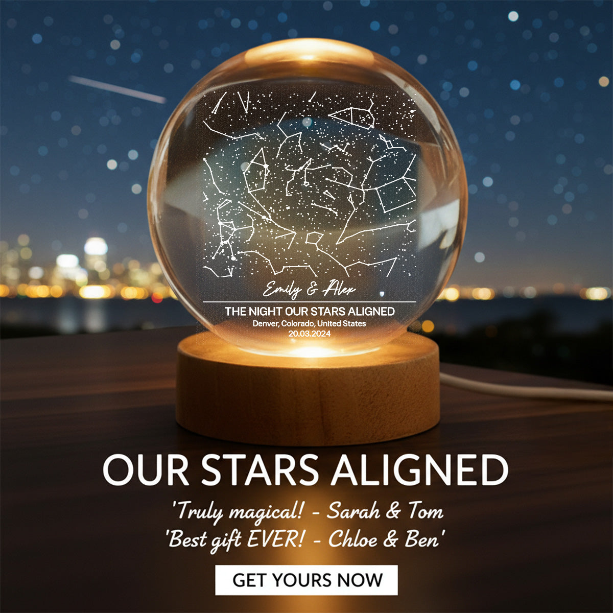Eternal Love Custom Couple Anniversary Date Star Map - Personalized Crystal Ball LED Night Light - Valentine's Day Gift For Couple, For Her, For Him