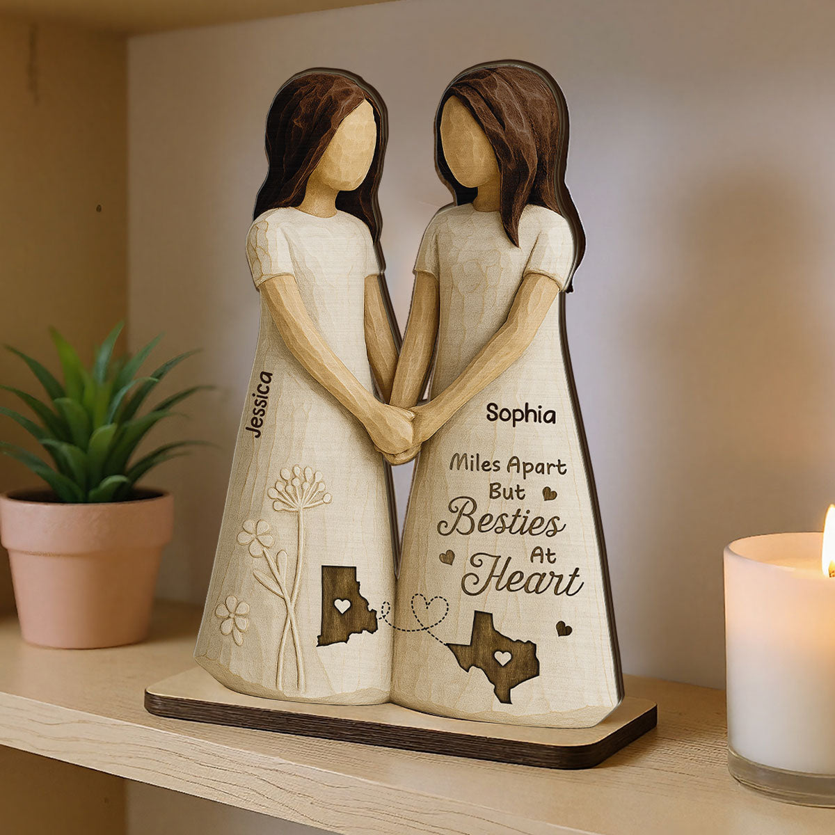 Miles Apart Besties At Heart 3D Effect Personalized Standing Wooden Plaque, Birthday Gift, Long Distance Friendship Gift for Best Friends