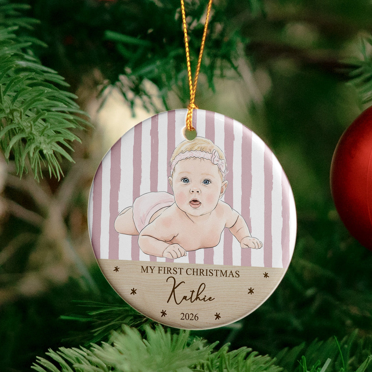 Baby's First Christmas For Baby Girl Baby Boy Custom Photo Watercolor Art - Personalized Ornament