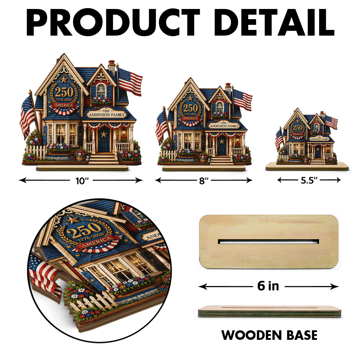 Custom House USA 250th Anniversary - Personalized 2-Layered Wooden Plaque - Patriotic Shelf Decor for Independence Day
