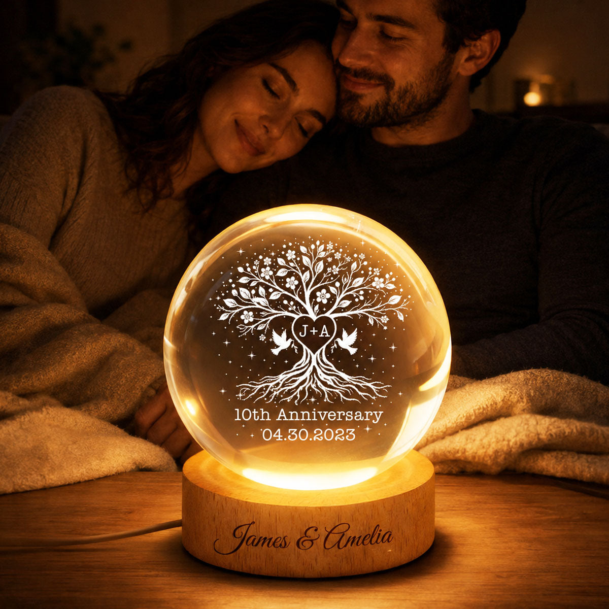 Wedding Anniversary Tree of Life - Personalized Crystal Ball LED Night Light - Heartfelt Gift for Her, Gift for Him