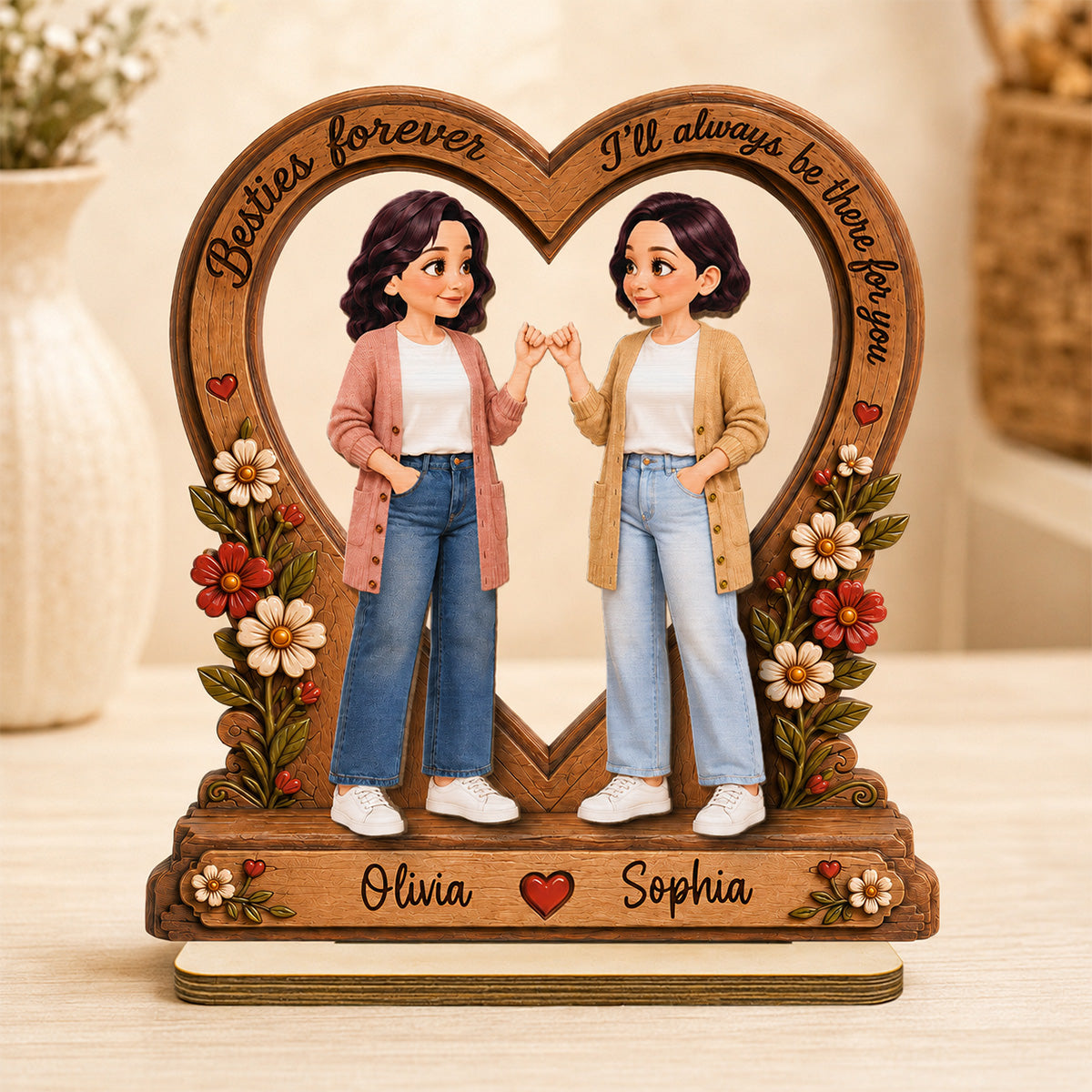 Best Friends Are The Family We Choose Pinky Promise Besties 2D Flat - Personalized 2-Layered Wooden Plaque - Birthday Gift, Friendship Gift for Best Friends