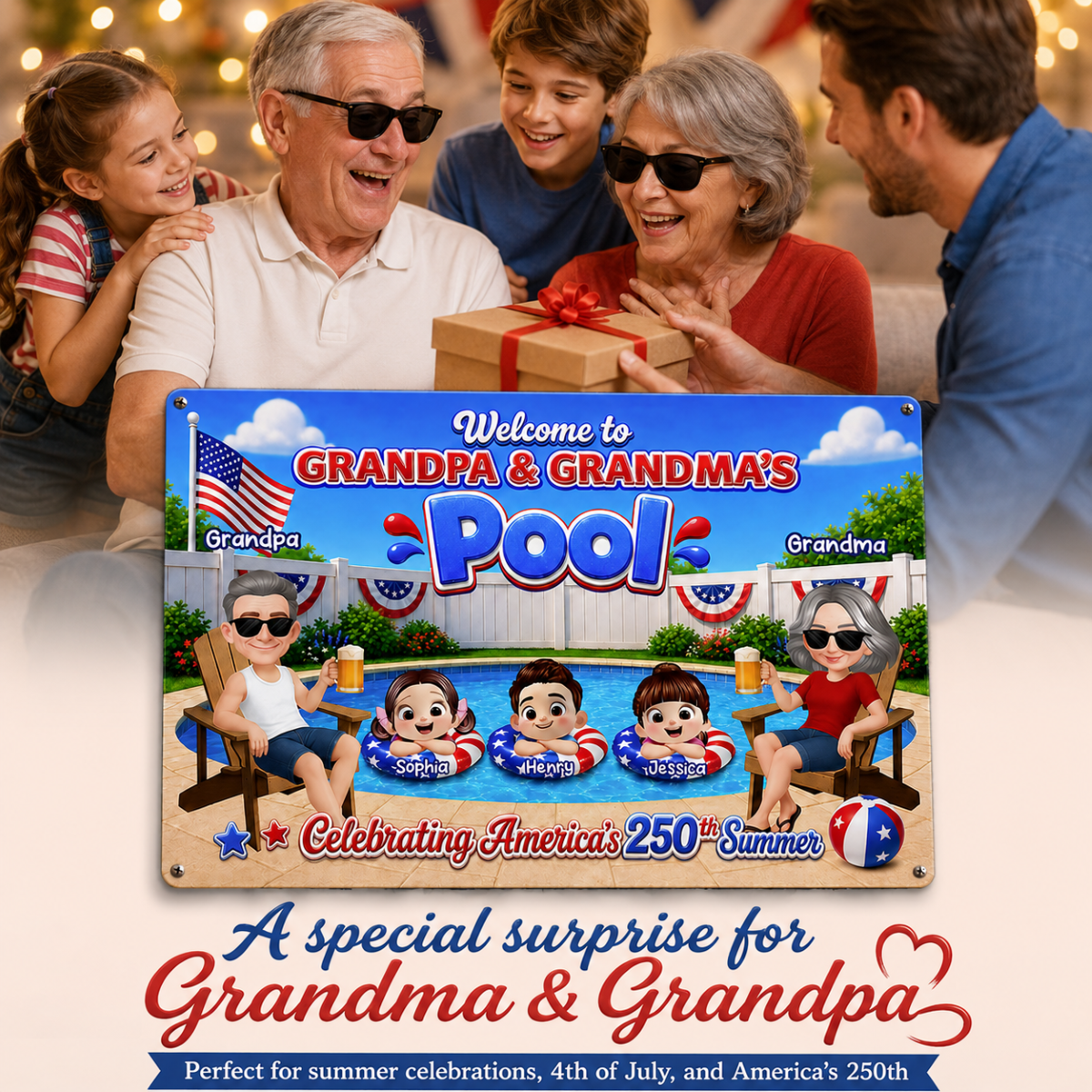 Welcome To Grandma Grandpa Pool America 250th Anniversary - Personalized Metal Sign - Gift For Grandparents, Summer Decoration