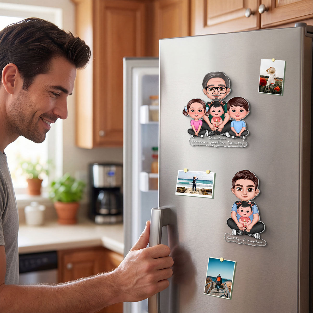 Forever Love Dad Grandpa Sitting With Kids - Personalized Acrylic Fridge Magnet - Father's Day Gift For Dad, Husband, Grandpa