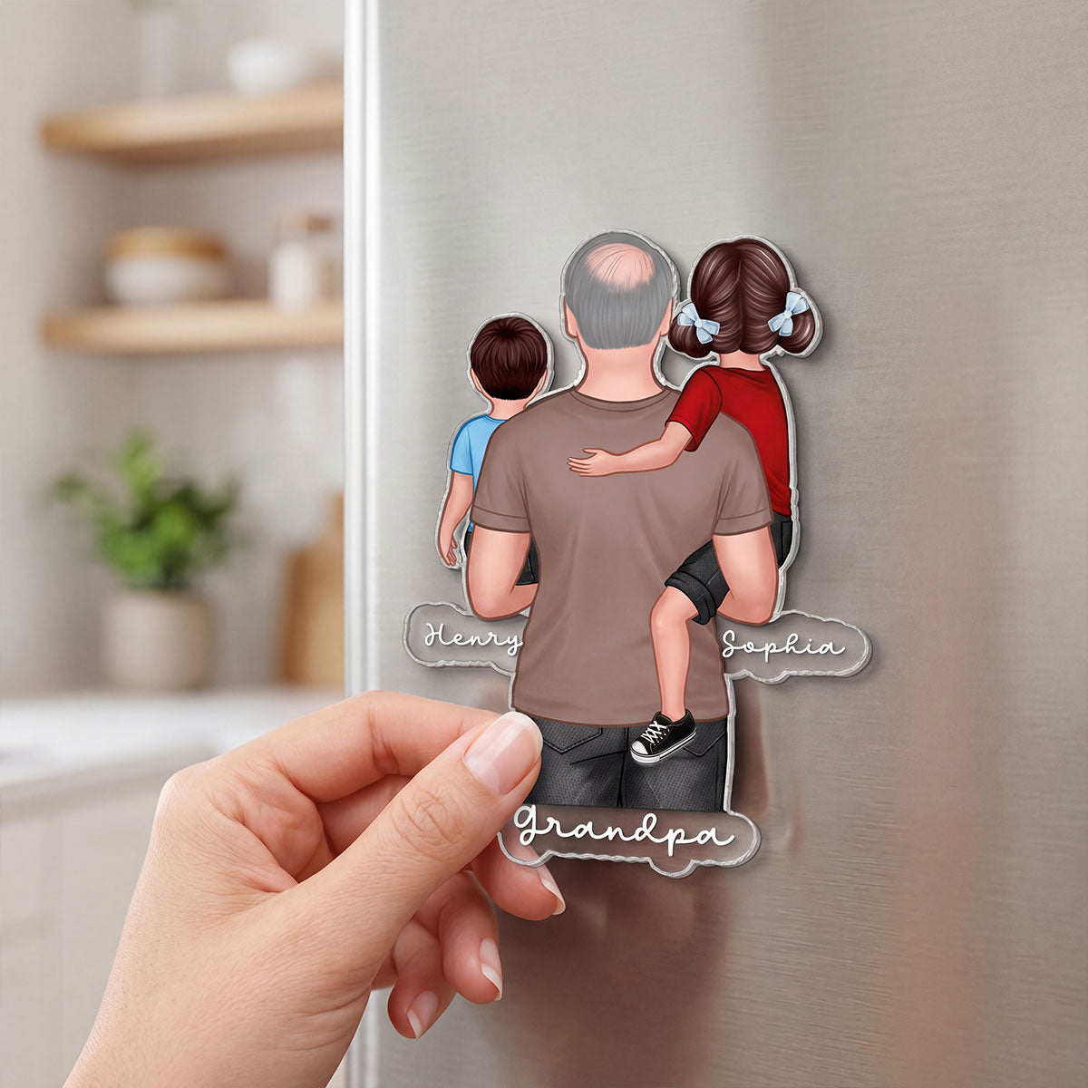 Dad Grandpa Papa Holding Kids - Personalized Acrylic Fridge Magnet - Father's Day Gift For Dad, Grandpa, Papa