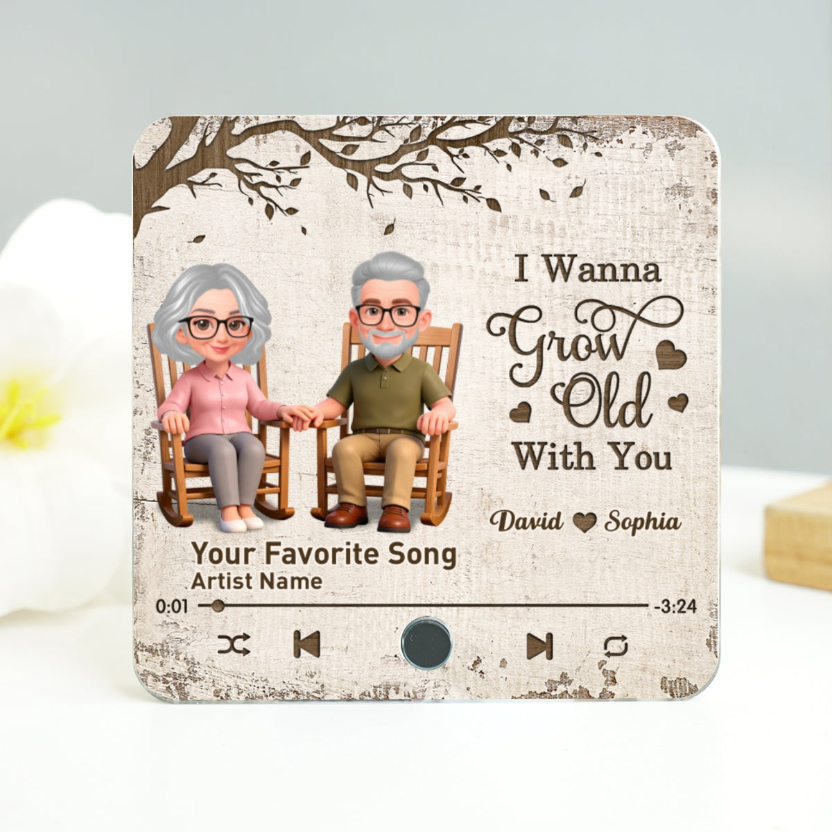 Old Couple On Rocking Chair Under Tree - Personalized Music Fridge Magnet - Anniversary Gift For Him, For Her