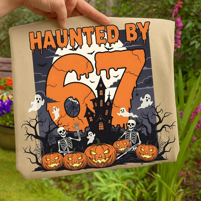 Haunted 67 Halloween Hoodie – Skeleton Hands, Haunted House, Pumpkin & Ghost Design
