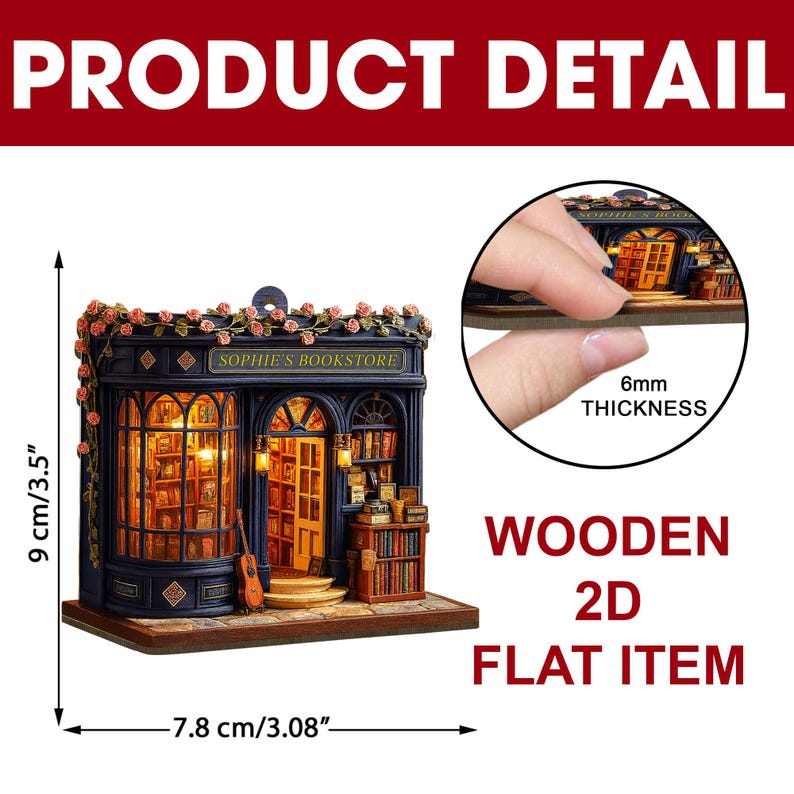 Personalized Bookstore Christmas Ornament 2025, Custom Book Store 2d Flat Wooden Ornament, Gift for Book Lovers,Bookshelf Christmas Ornament